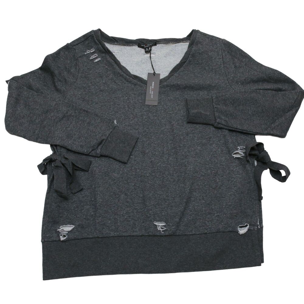 Romeo + Juliet Couture M Distressed Sweatshirt Heather Charcoal Side Tie Slits